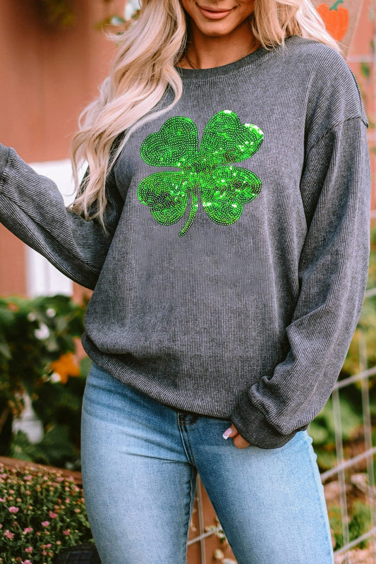 Lucky Clover Full Size Sequin Round Neck Sweatshirt