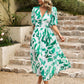 Smocked Printed V-Neck Half Sleeve Midi Dress
