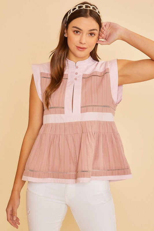 Annie Wear Contrast Trim Peplum Button Detail Blouse *