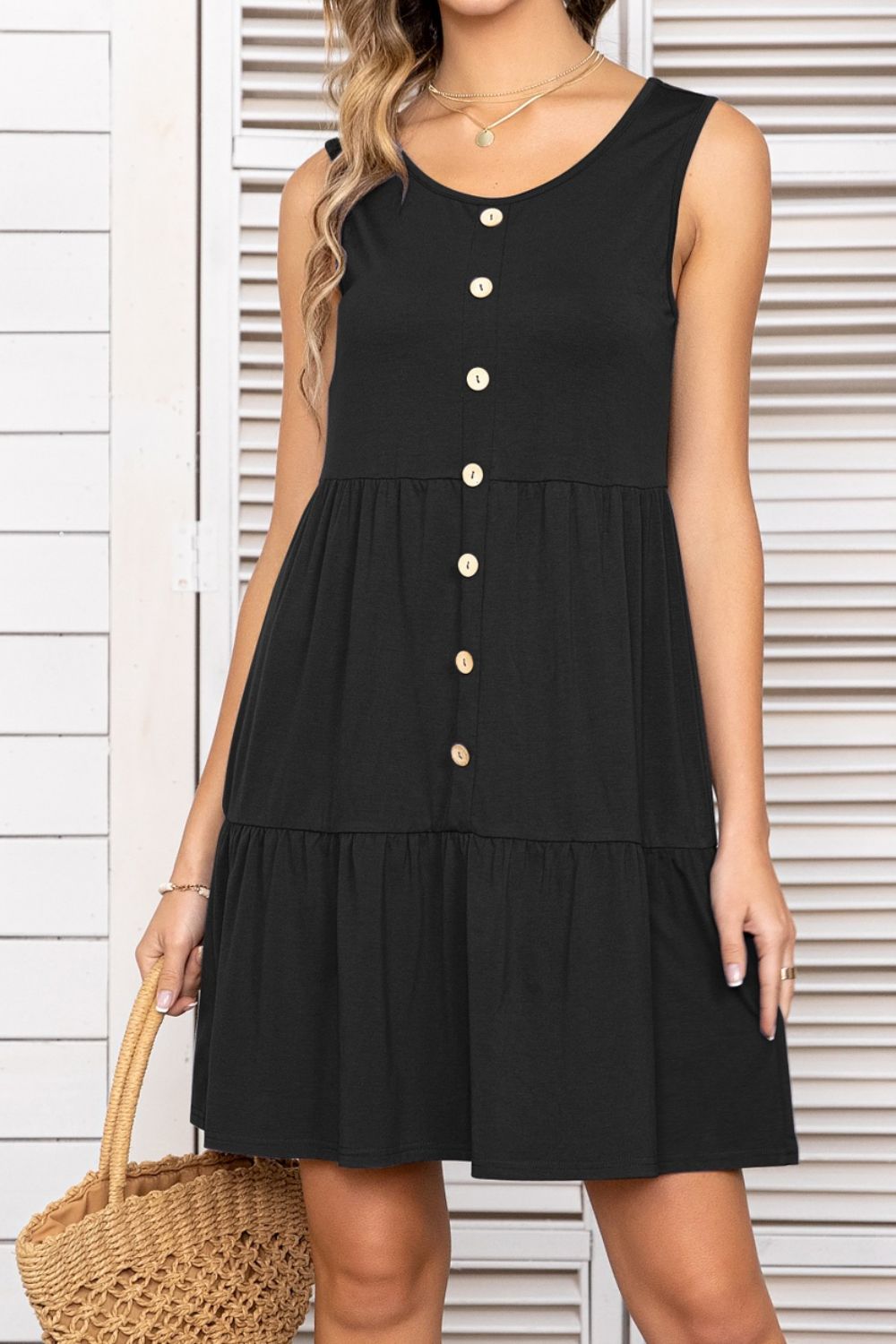 Decorative Button Scoop Neck Sleeveless Tiered Dress