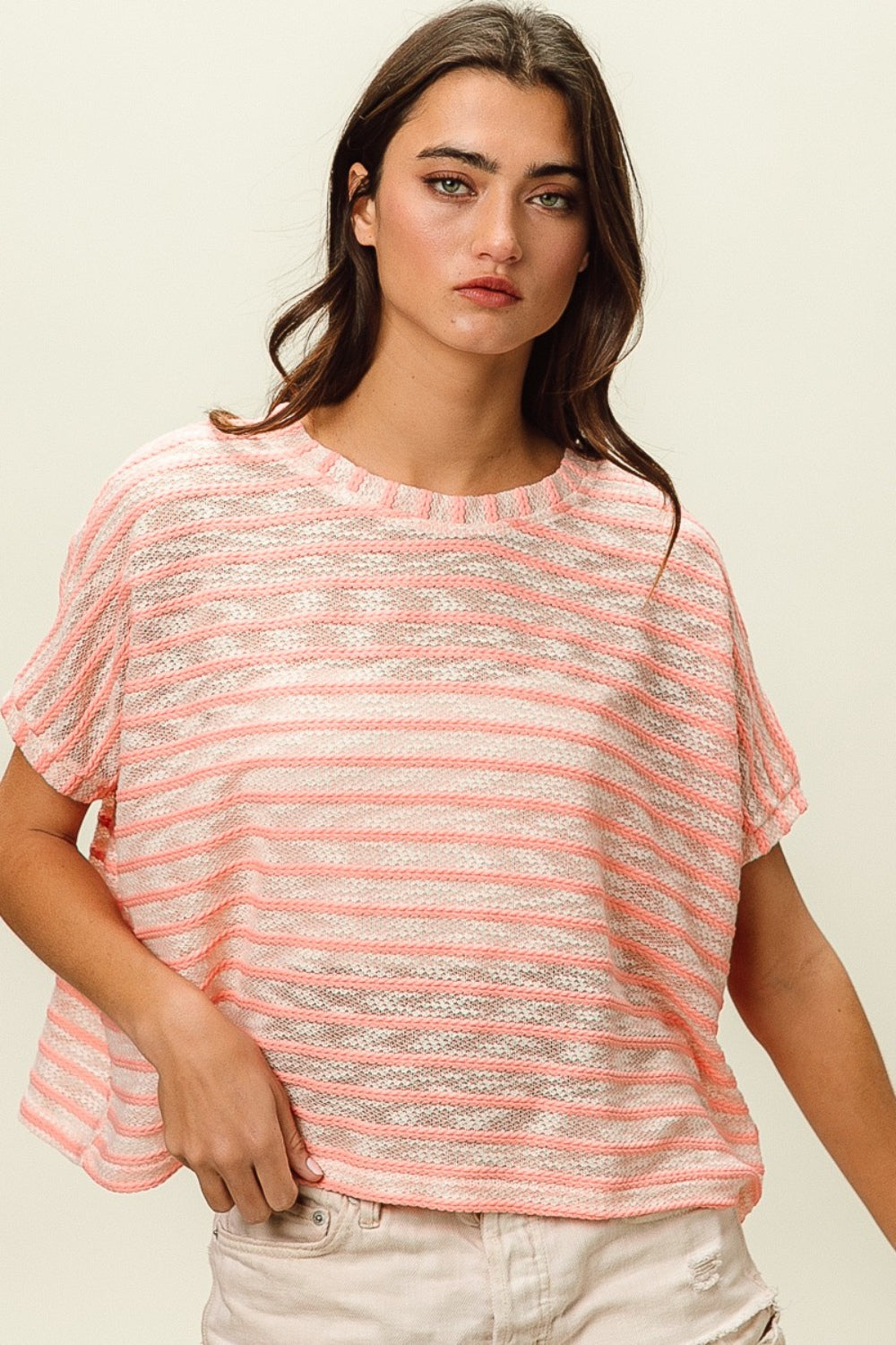 BiBi Braid Striped Short Sleeve Round Neck T-Shirt *