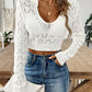 Openwork Collared Neck Long Sleeve Knit Top