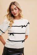 Annie Wear Striped Bow Round Neck Knit Top *
