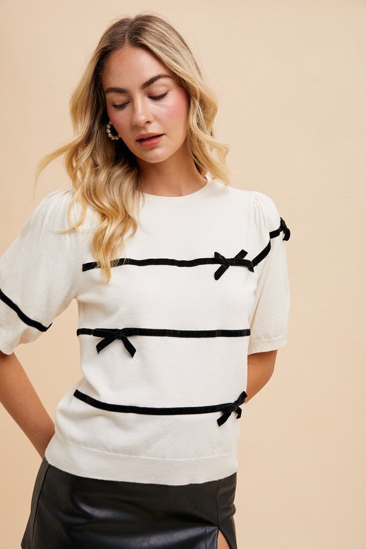 Annie Wear Striped Bow Round Neck Knit Top *