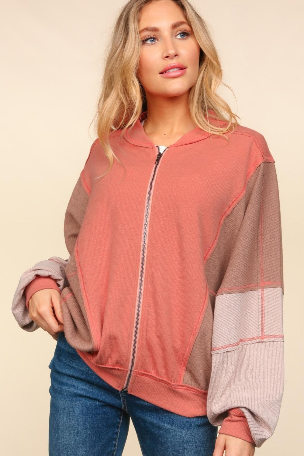 Haptics Zip Up Color Block Bomber Jacket with Side Pockets *