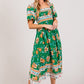 SAGE + FIG Printed Green Smocked Short Sleeve Midi Dress