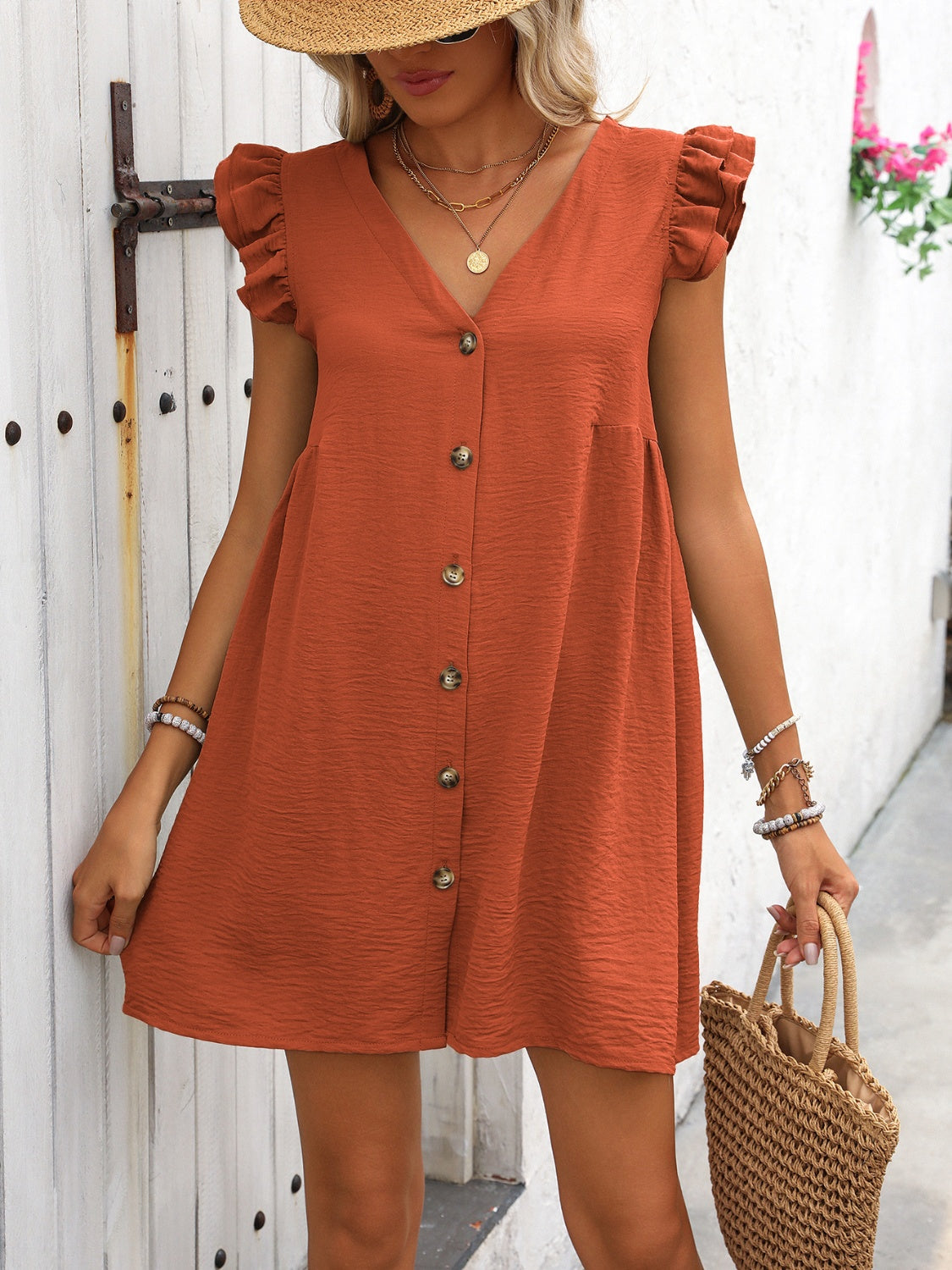 Full Size Button Up V-Neck Cap Sleeve Mini Dress