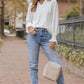 Openwork Notched Flounce Sleeve Blouse