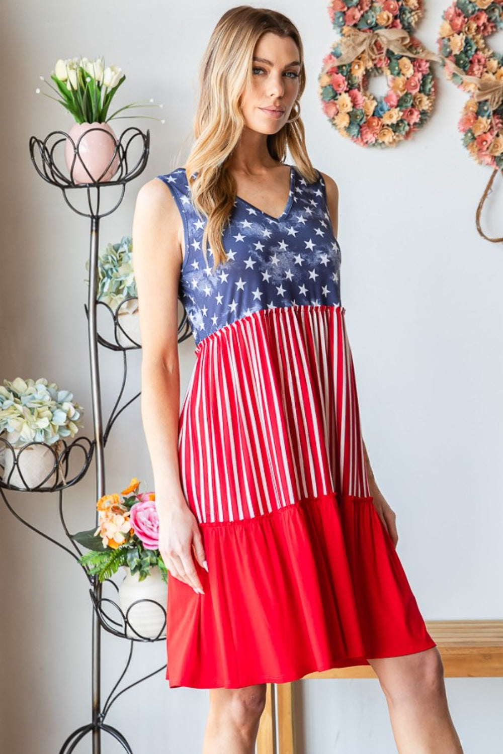 Heimish Full Size US Flag Theme Contrast Tank Dress *