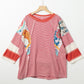 Striped Floral Patchwork Round Neck Top