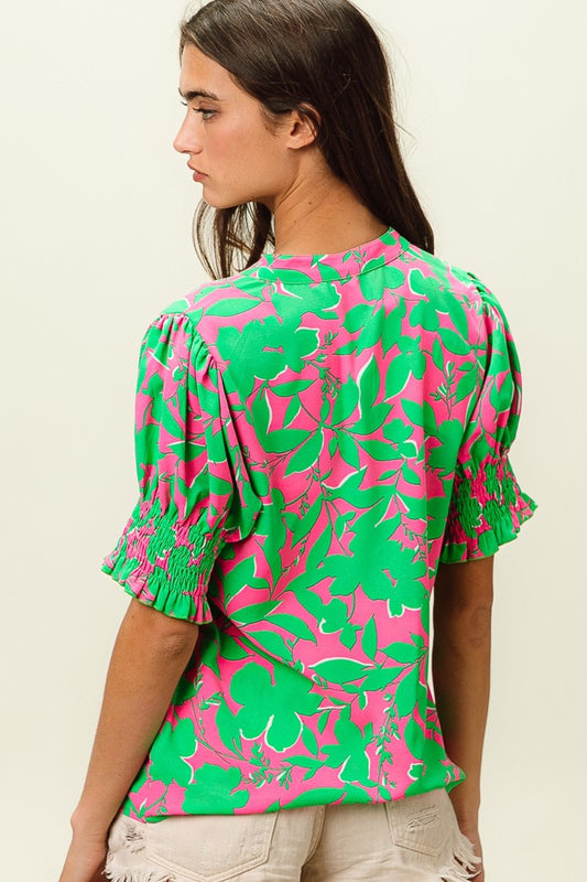 BiBi Smocked Cuff Floral Contrast Top - Brand BiBi