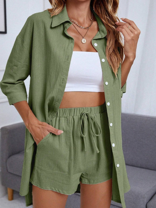 Full Size Dropped Shoulder Button Up Shirt and Shorts Set