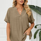 Full Size Side Slit Notched Neck Cuffed Short Sleeve Blouse