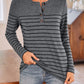Quarter Button Striped Round Neck Long Sleeve T-Shirt