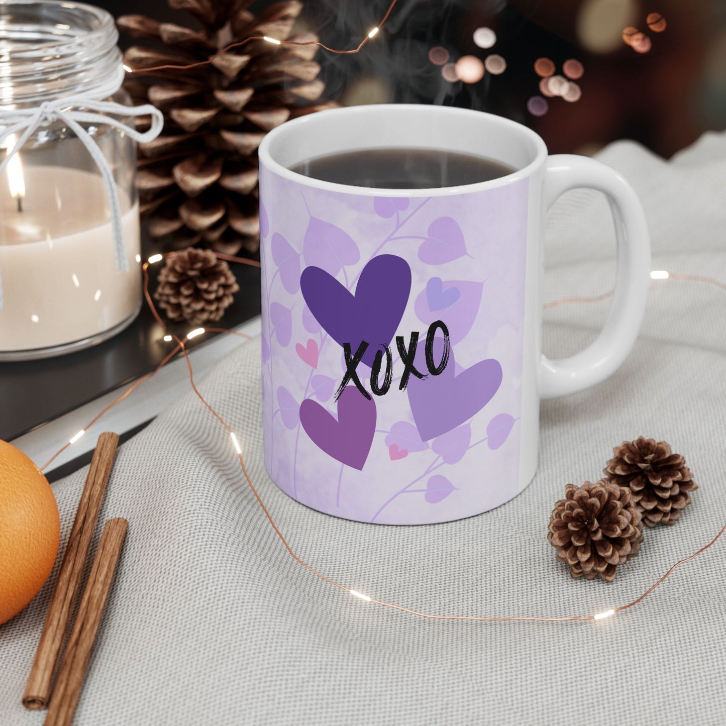 Purple XOXO Heart Ceramic Mug, (11oz, 15oz) | Made to Order