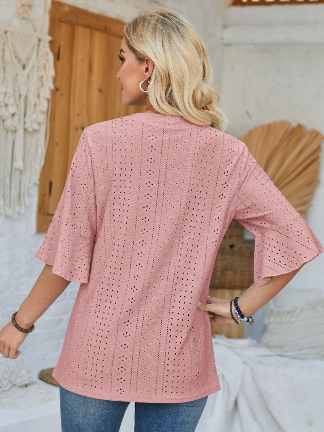 Eyelet Notched Half Sleeve T-Shirt