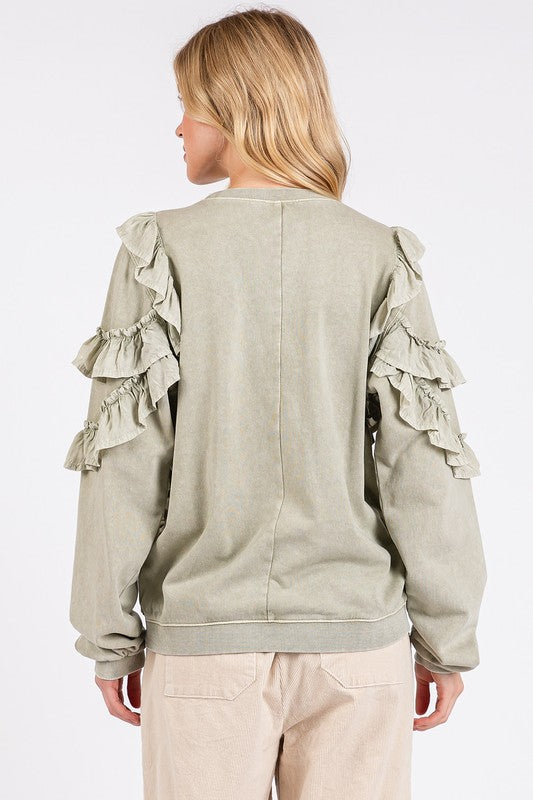 Mittoshop Ruffled Mineral Washed Round Neck Long Sleeve Sweatshirt