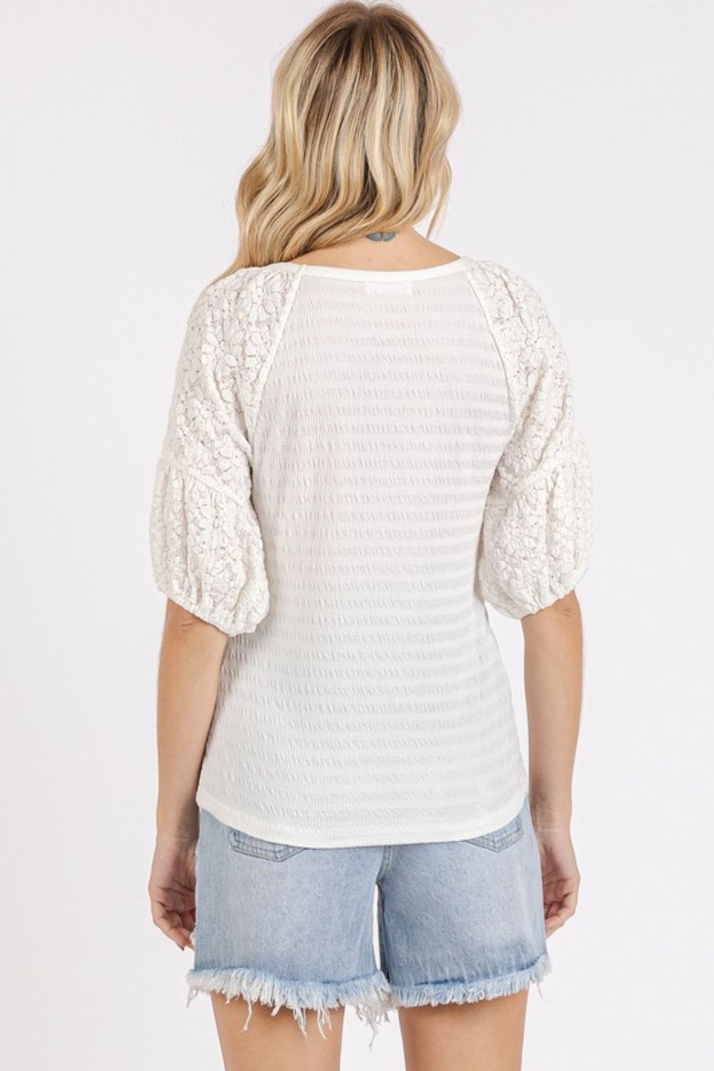 Mittoshop Mixed Media Textured Knit Popcorn Puff Sleeve Blouse *
