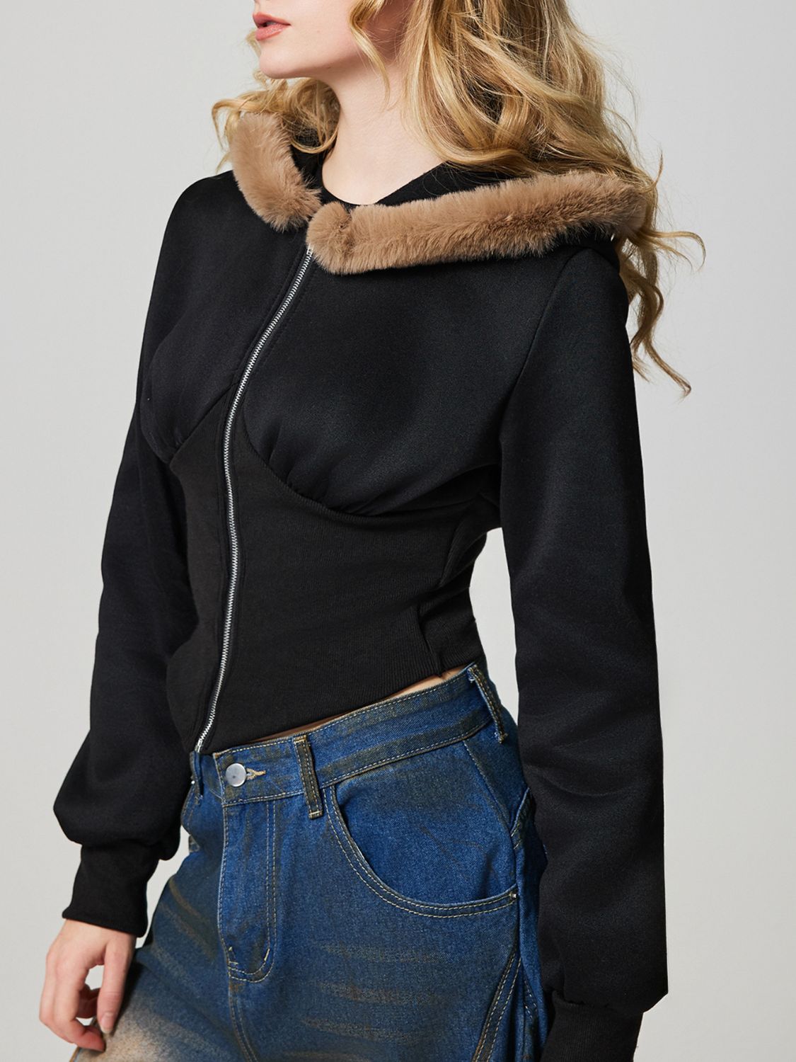 Zip Up Long Sleeve Fuzzy Hem Hooded Jacket