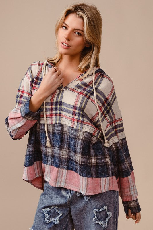 BiBi Drawstring Plaid Drop Shoulder Hoodie