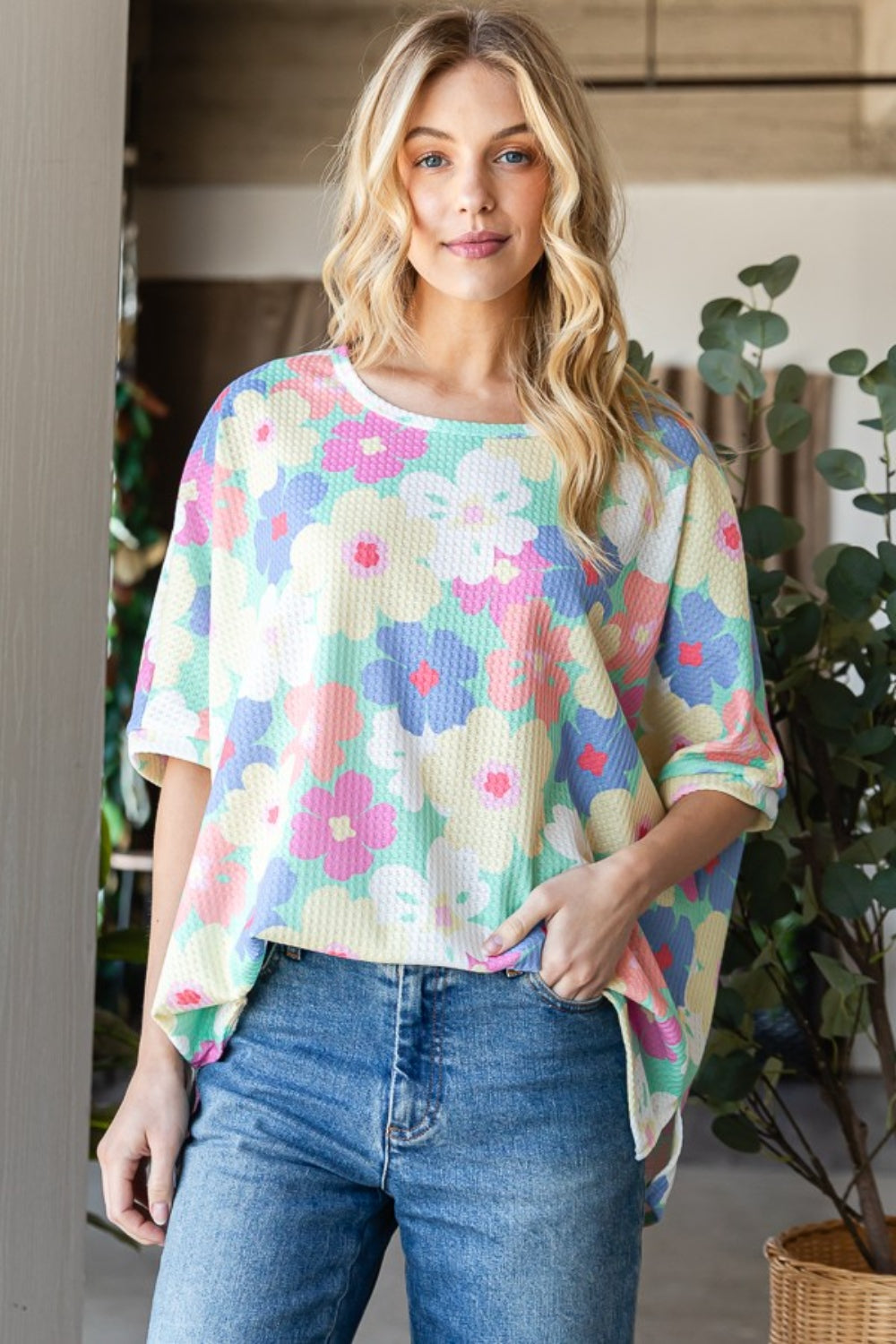 HOPELY Floral Waffle Oversized T-Shirt *
