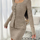 Square Neck Button Up Long Sleeve Top and Skirt Set