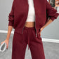 Baseball Collar Zip Up Top and Drawstring Paants Set