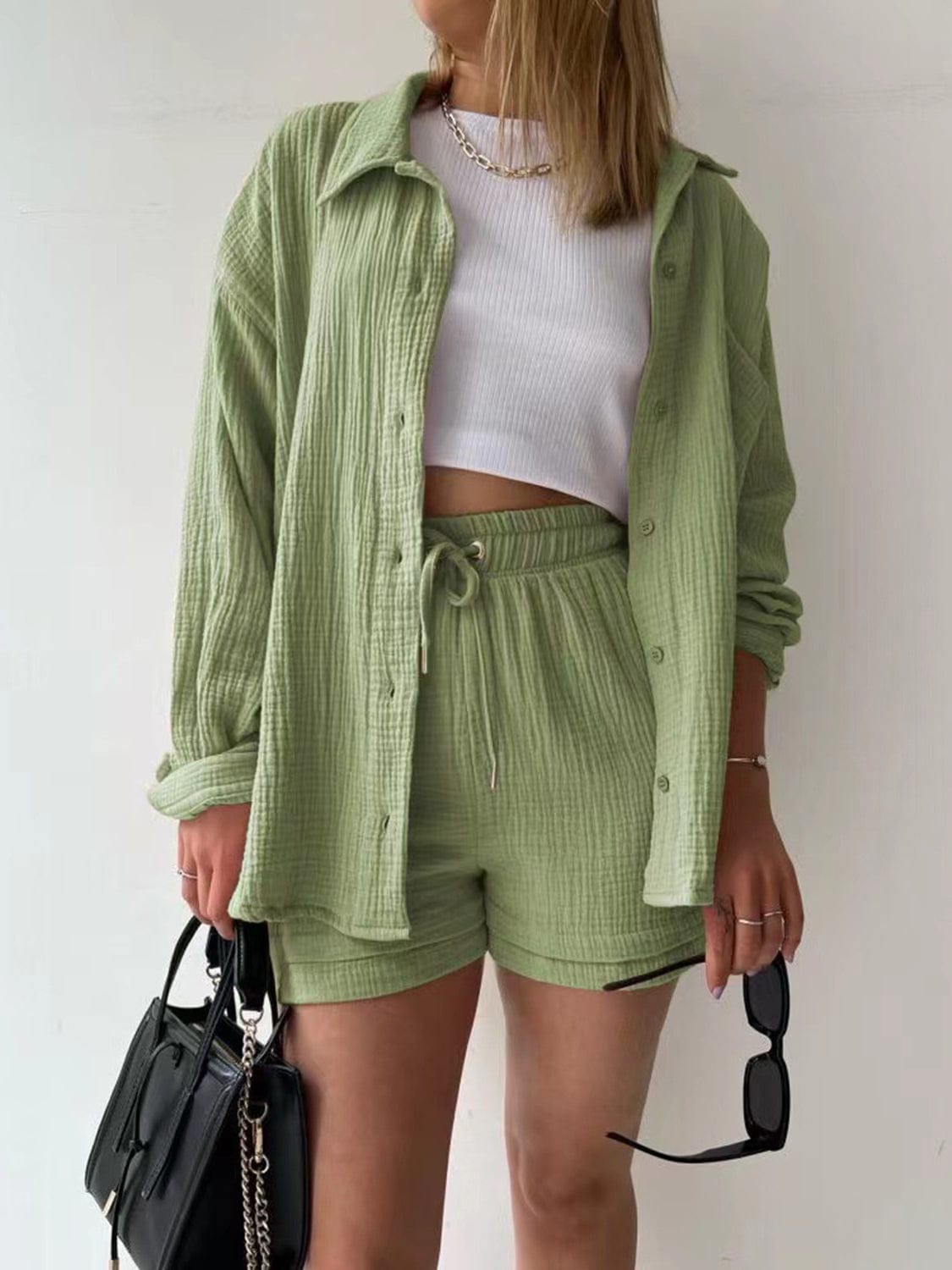 Full Size Texture Button Up Shirt and Drawstring Shorts Set