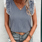 Lace Detail Ruffled Striped V-Neck Cap Sleeve Blouse