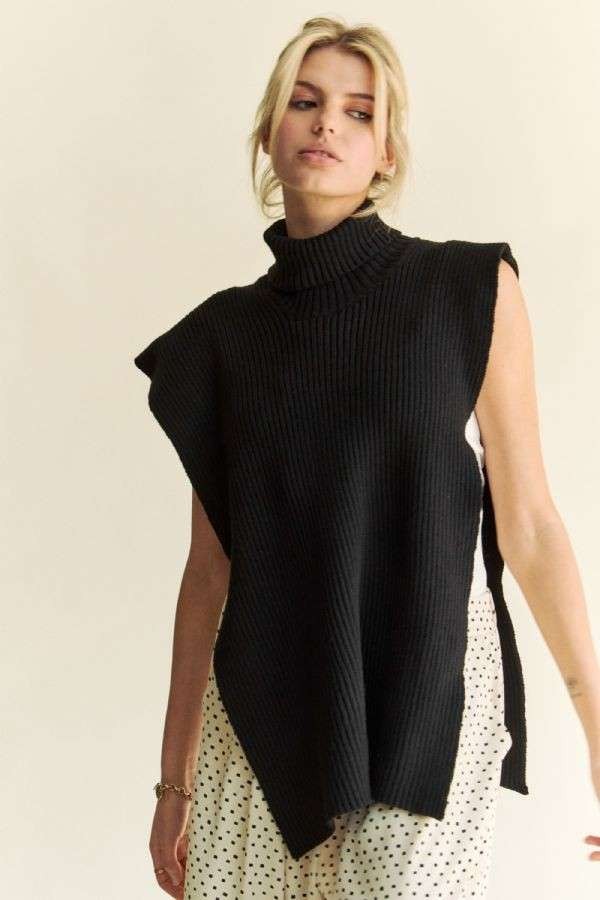 Davi & Dani Side Split Turtleneck Sleeveless Knit Top *