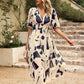 Smocked Printed V-Neck Half Sleeve Midi Dress