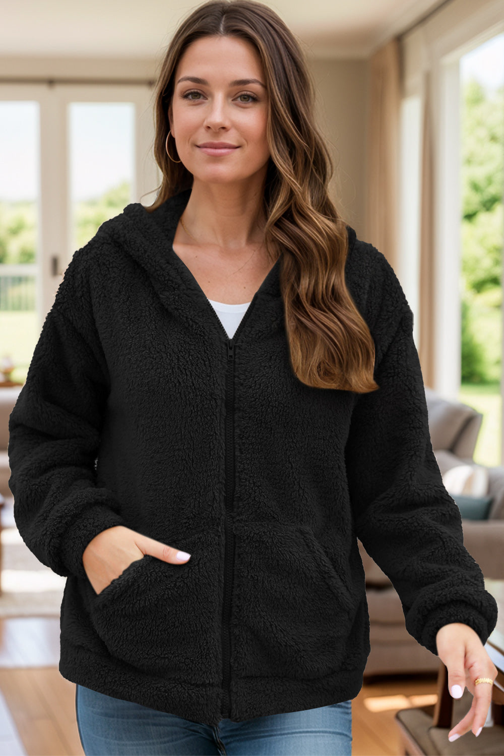 Zip Up Long Sleeve Fuzzy Hooded Outerwear