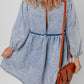 Cutout Round Neck Balloon Sleeve Denim Dress