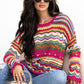 Openwork Contrast Round Neck Flare Sleeve Knit Top