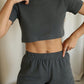 Waffle-Knit Round Neck T-Shirt, Open Front Cardigan and Shorts Set