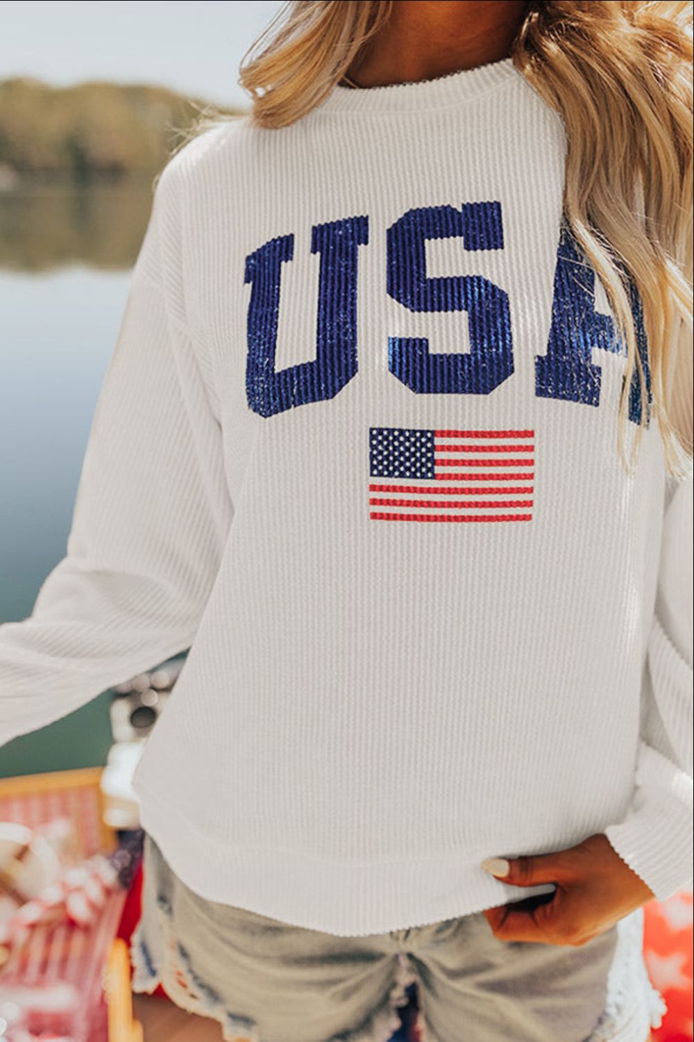 US Flag White Corded Long Sleeve Sweatshirt