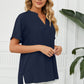 Full Size Side Slit Notched Neck Cuffed Short Sleeve Blouse