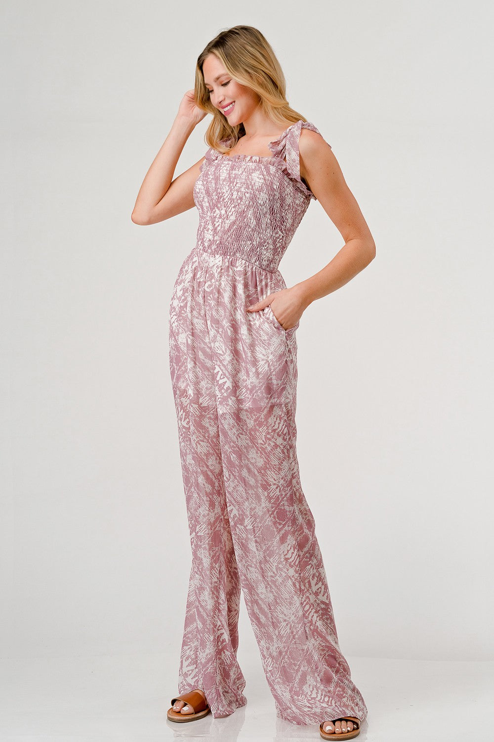 GeeGee Printed Tie Shoulder Wide Leg Jumpsuit *