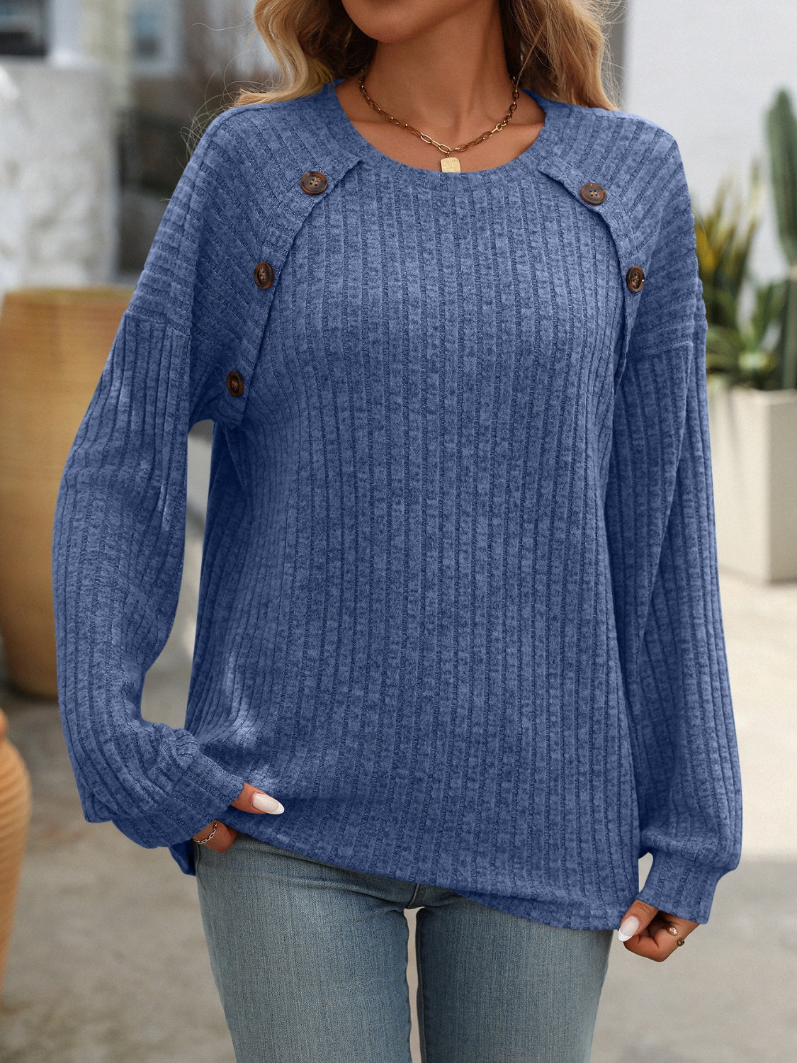 Full Size Decor Button Long Sleeve Ribbed T-Shirt