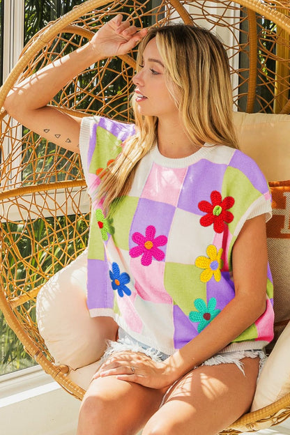BiBi Flower Patch Checkered Sweater Vest - Brand BiBi