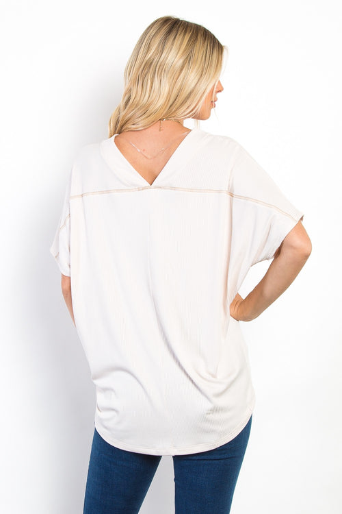 Be Stage Full Size V-Neck Short Sleeve Ribbed Top *