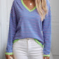 Contrast Trim Striped V-Neck Long Sleeve Knit Top