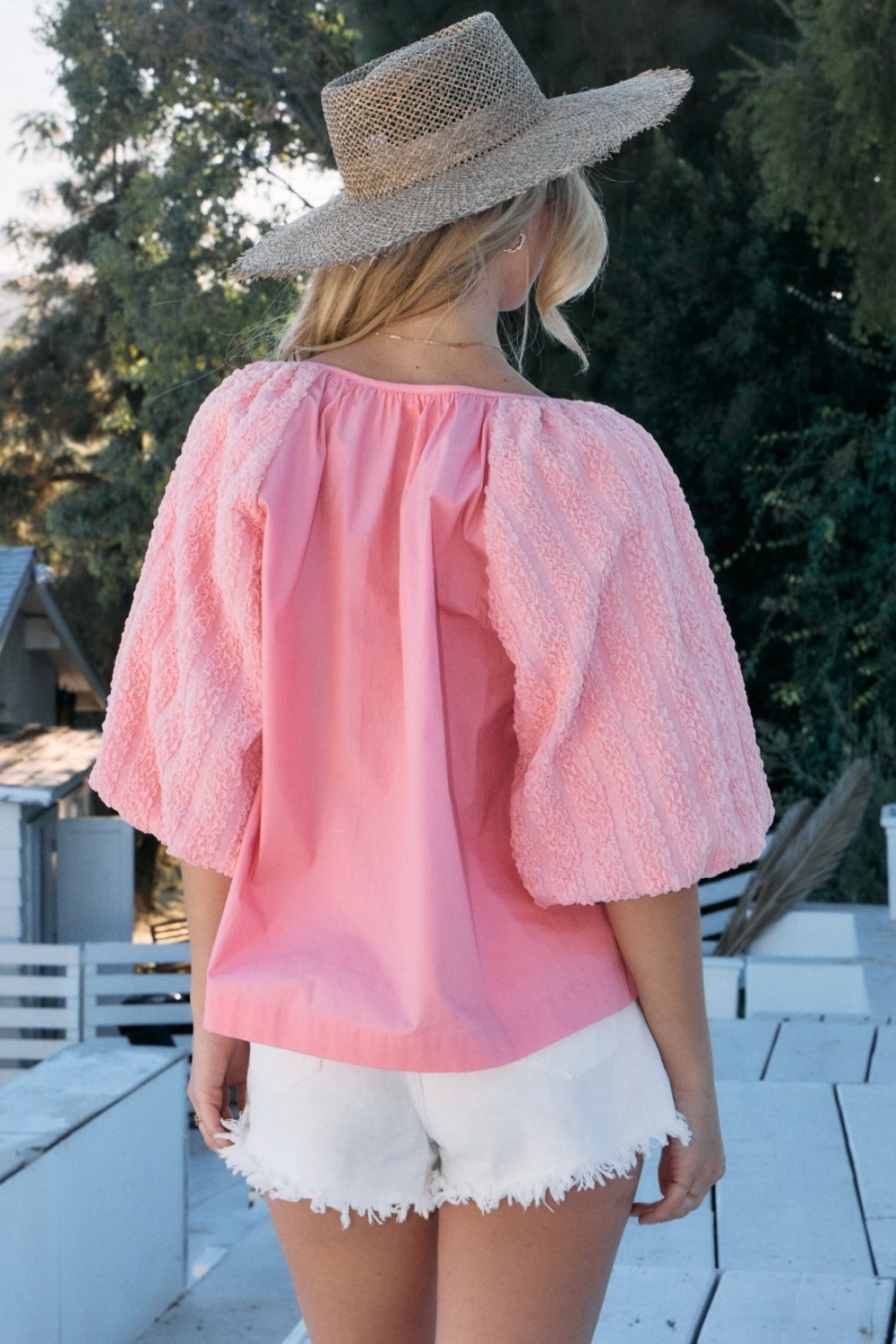 ODDI Full Size Poplin Bubble Sleeve Blouse *
