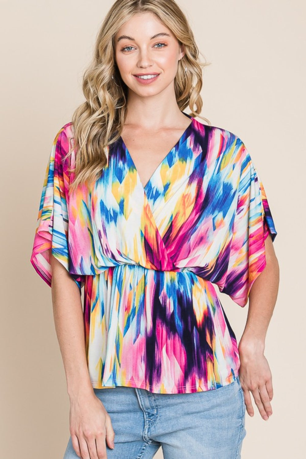 BOMBOM Printed Surplice Peplum Blouse *