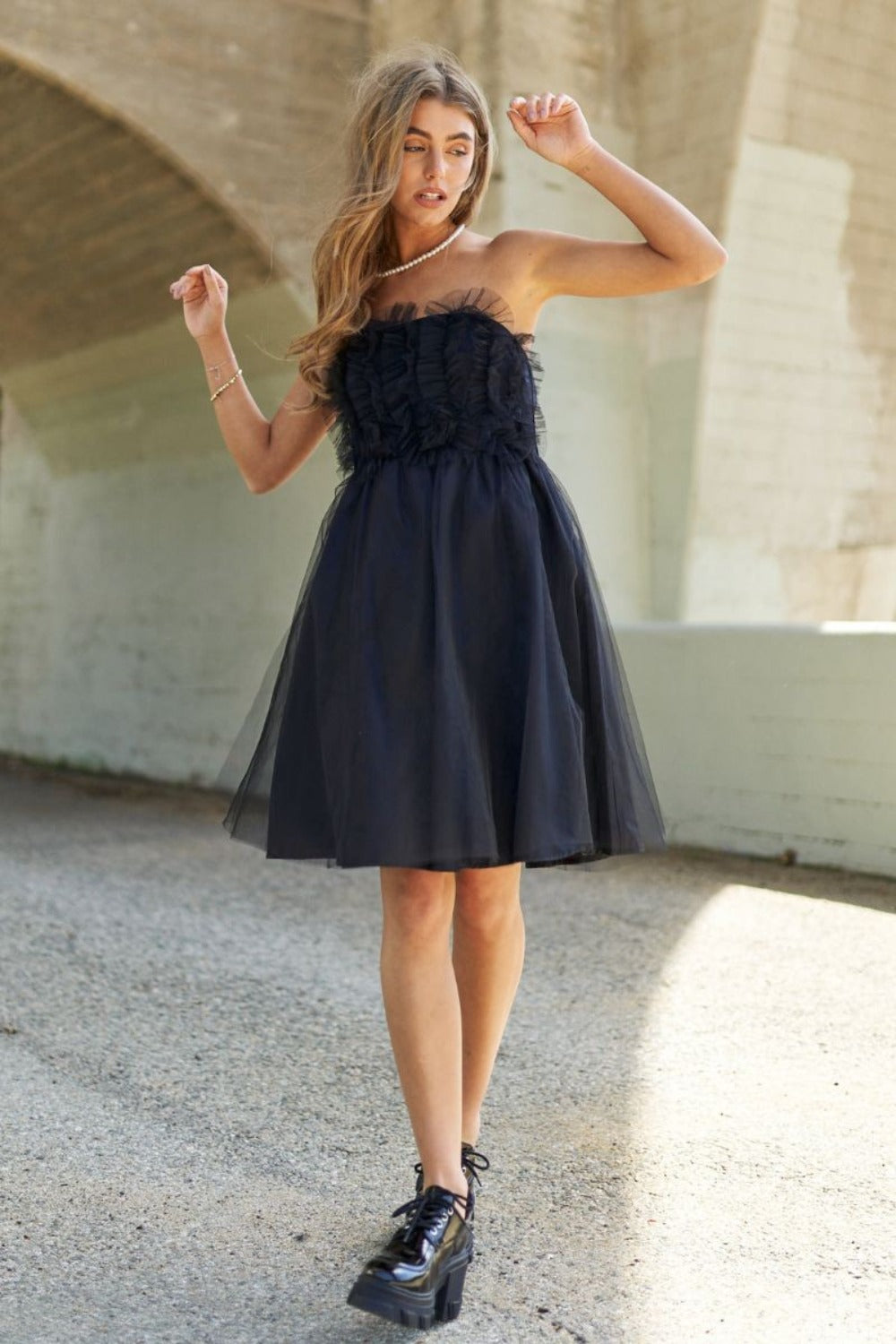 J.NNA Mesh Ruffle Tube Top Swing Dress *