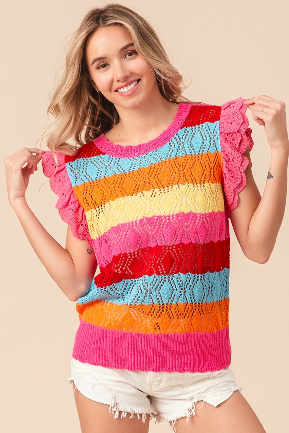 BiBi Pointelle Striped Ruffled Knit Top - Brand BiBi *