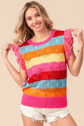 BiBi Pointelle Striped Ruffled Knit Top - Brand BiBi *