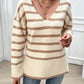 Devine Striped V-Neck Long Sleeve Knit Top