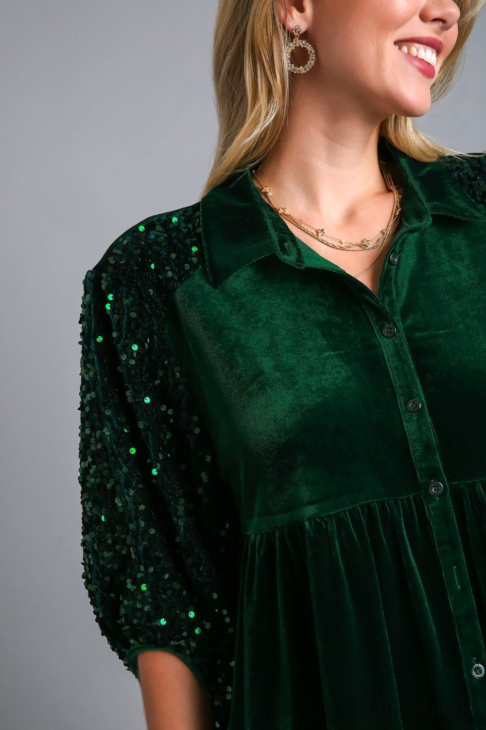 Umgee Sequin Detail Tiered Back Half Sleeve Shirt *