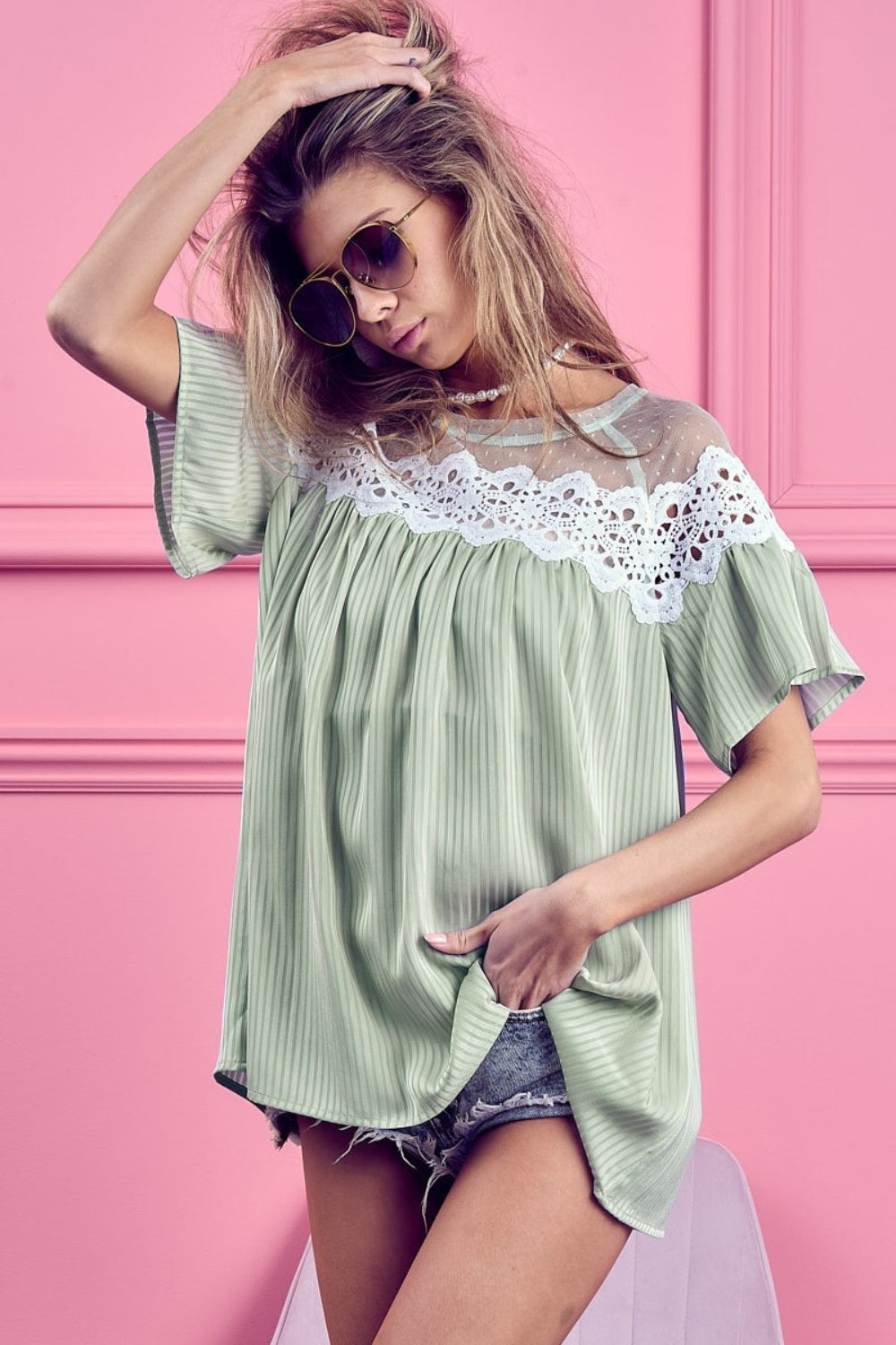 BiBi Lace Detail Short Sleeve Striped Blouse - Brand BiBi *
